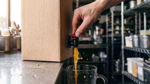 Ginger juice being poured from a bag-in-box in a professional foodservice kitchen
