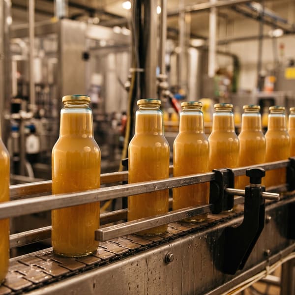 Organic ginger juice freshly bottled on the production line in Aalsmeer