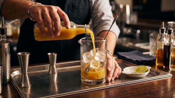 Bartender pouring organic ginger juice into a mixing glass for an alcohol-free mocktail