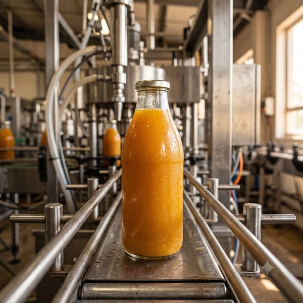 Freshly bottled organic ginger juice straight from the bottling line
