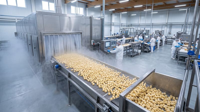 Ginger puree in the IQF tunnel freezer during the freezing process