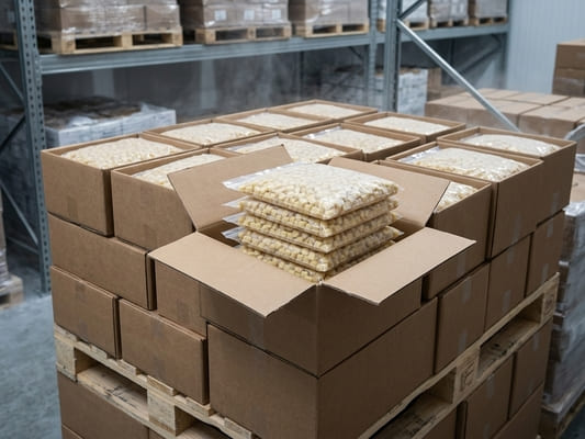 Palletized cartons of IQF ginger dices staged in cold storage for bulk shipment