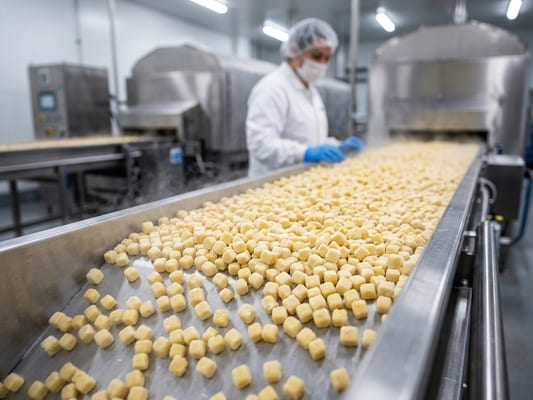 Quality control on the IQF ginger dices production line before packing