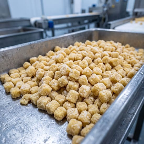Organic IQF ginger puree pellets, close-up in a stainless steel tray