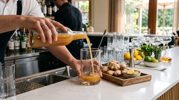 Bartender pouring organic ginger juice into a mixing glass for a functional mocktail, with fresh ginger root on the bar