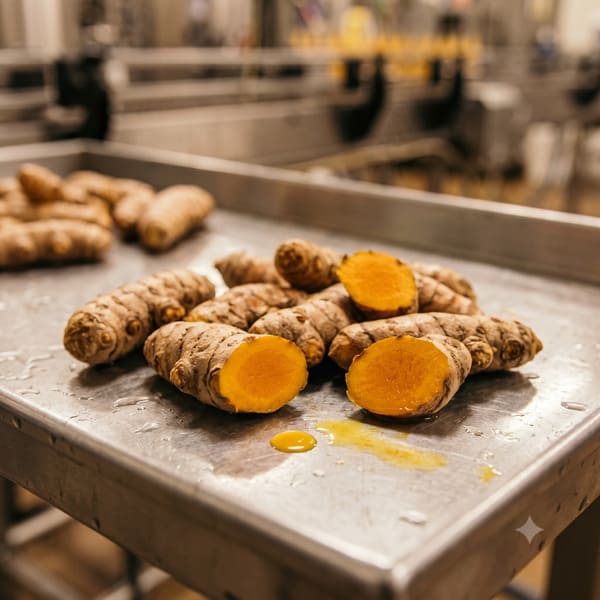 Organic turmeric rhizome ready for pressing into NFC juice